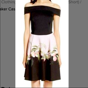 🌹 Ted Baker Black Tekeya Peach Blossom Bardot Off-The-Shoulder Dress -Size 0